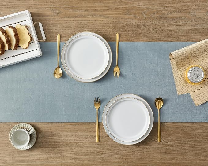 ZeeMart Linen Textured Border Table Runner, 14 x 48 Inch Blue | Mitered Corner Design, Medium Weight Fabric, Modern Farmhouse Style, Machine Washable Easy Care Everyday Table Scarf