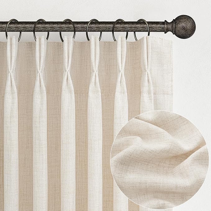 Custom Pinch Pleated 78 Inch Dining Room Curtains 2 Panels Set, Farmhouse Cream Beige Light Filtering Textured Linen Semi Sheer Curtain for Kids Room Privacy Window Thick Drapes Ivory 6-1/2 FT Length