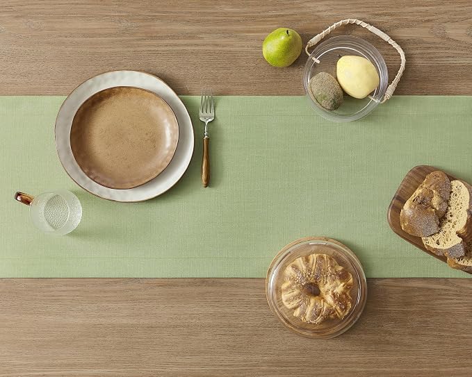 ZeeMart Linen Textured Border Table Runner, 14 x 60 Inch Green | Mitered Corner Design, Medium Weight Fabric, Modern Farmhouse Style, Machine Washable Easy Care Everyday Table Scarf