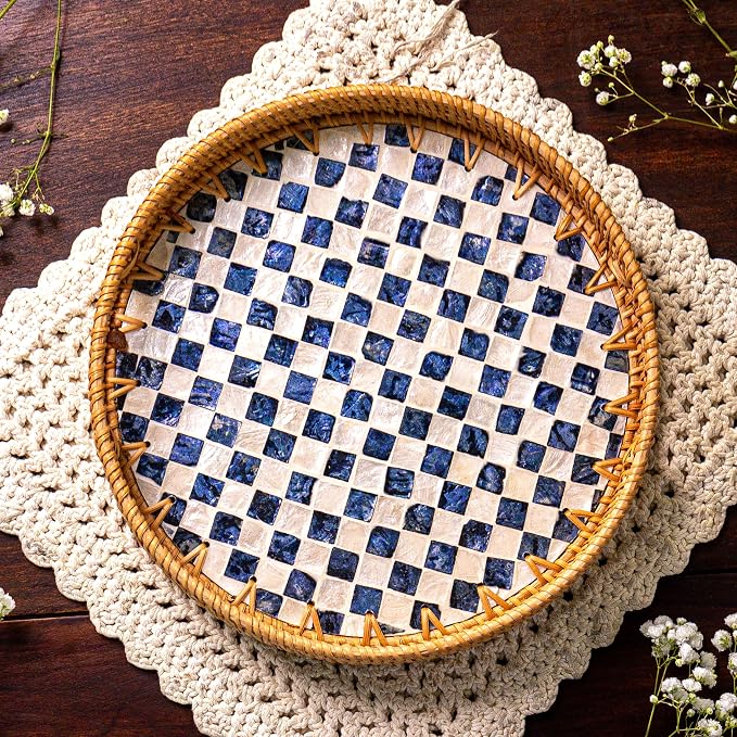 JUNGLE CULTURE Round Rattan Tray with Mother of Pearl Inlay • Drift 12”