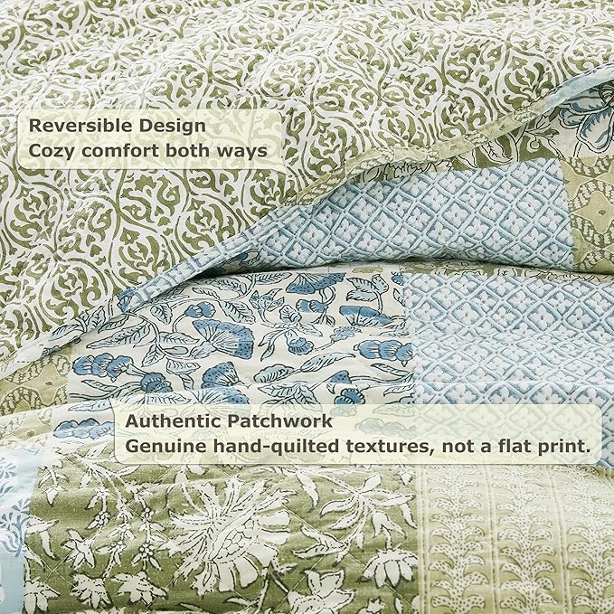 WDCOZY 100% Cotton Reversible Patchwork Quilt Queen Size, Lightweight Farmhouse Vintage Shabby Chic Bedding Set with 2 Pillow Shams, Green Floral Printed Pattern Bedspread Coverlet for All Seasons
