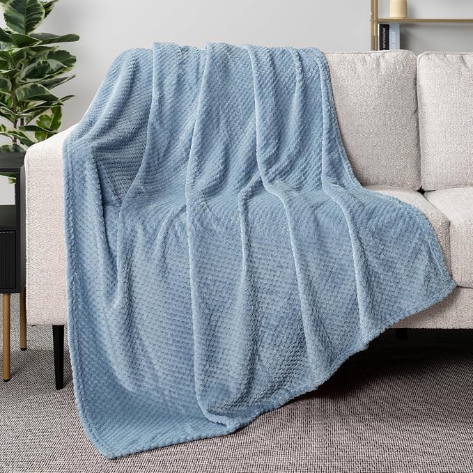 PAVILIA Dusty Blue Fleece Throw Blanket for Couch Sofa Bed, Soft Fuzzy Waffle Jacquard Microfiber, Warm Lightweight Fade-Resistant Decorative All Season Throw, 50x60