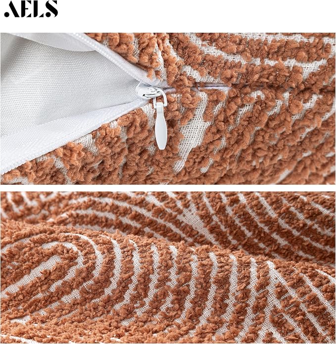 AELS Boho Decorative Textured Throw Pillow Covers 20x20, Organic Modern Mid Century Rainbow Tufted Pillow Case, Farmhouse Rustic Geometric Woven Cushion Case for Bed Couch Sofa, Burnt Orange