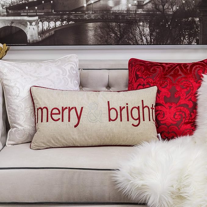 Embroidery Velvet Throw Pillow Cover, Merry Christmas Series (Natural)