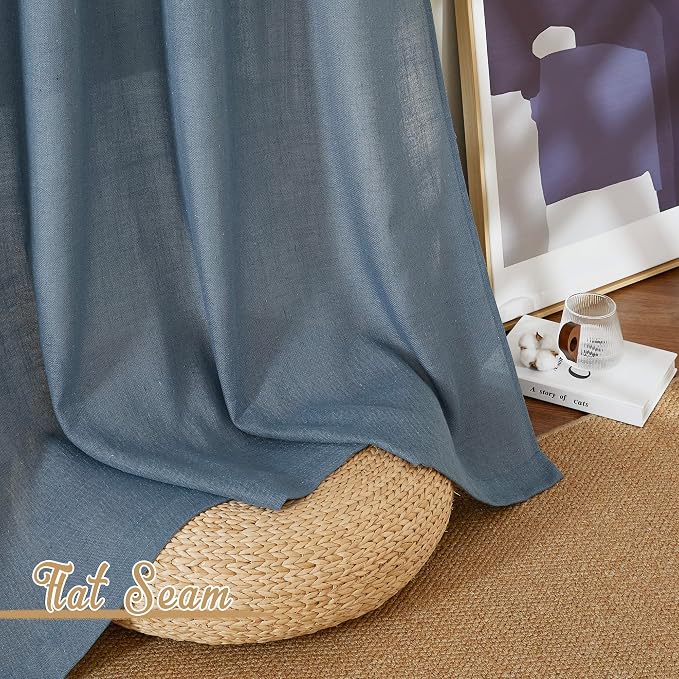 NICETOWN Linen Blend Stone Blue Curtains for Living Room, Rod Pocket & Back Tab Flax Burlap Drapes Semi Sheer Privacy with Light Filtering Window Treatments for Bedroom, W52 x L84, 2 Panels