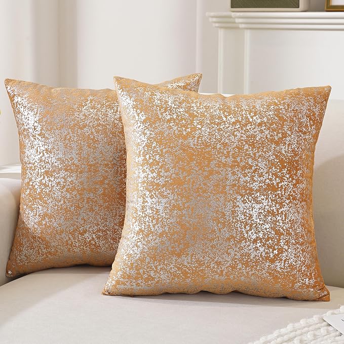 Gyulin Pack of 4,Silver Velvet Throw Pillow Covers 18x18 Inches, Sparkle Silver Foil Print Solid Square Pillow Covers Cushion Covers for Couch Sofa Home Bedroom Decor, Gold