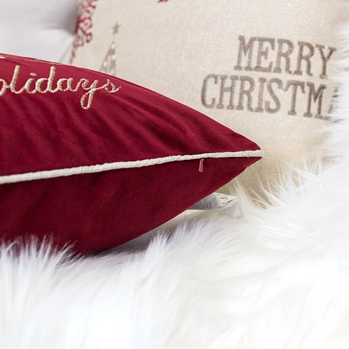 Embroidery Red Velvet Throw Pillow Cover, Merry Christmas Series Floral Tree Luxury Soft Fuzzy Cozy Warm Slik Decorative Gift Square Couch Cushion Pillow Case 20 x 20 Inch, Cover Only