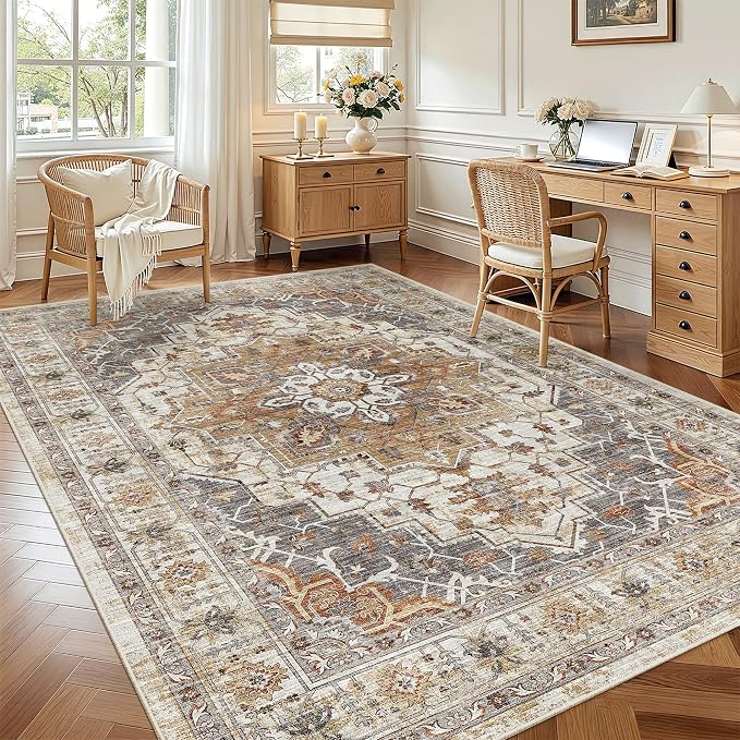 Madane 5x7 Area Rugs for Living Room, Non-Slip Washable Rug, Turmeric/Grey | Ultra-Thin Stain Resistant Vintage Large 5'X7' Carpet, Soft Low Pile Floor Mat For Bedroom Dining Room Office Home Decor