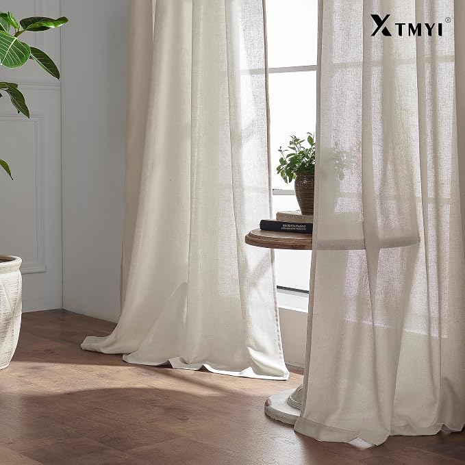 XTMYI 90 Inches Long Oatmeal Country Curtains for Living Room,Sheer Linen Shabby Chic Curtains for Bedroom 70 Inches Wide