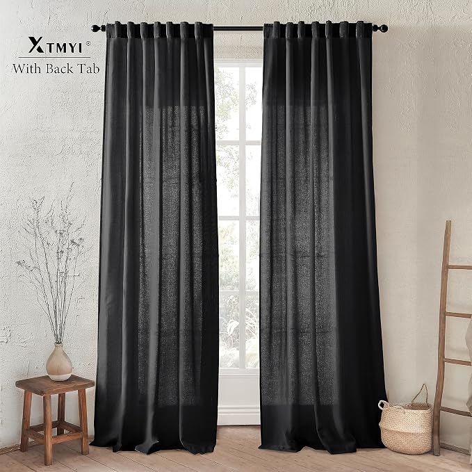 XTMYI Black Curtains 96 Inches Long for Bedroom 2 Panels Linen Sheer Lace Farmhouse Boho Gothic Curtain Drapes for Living Room Home Decor