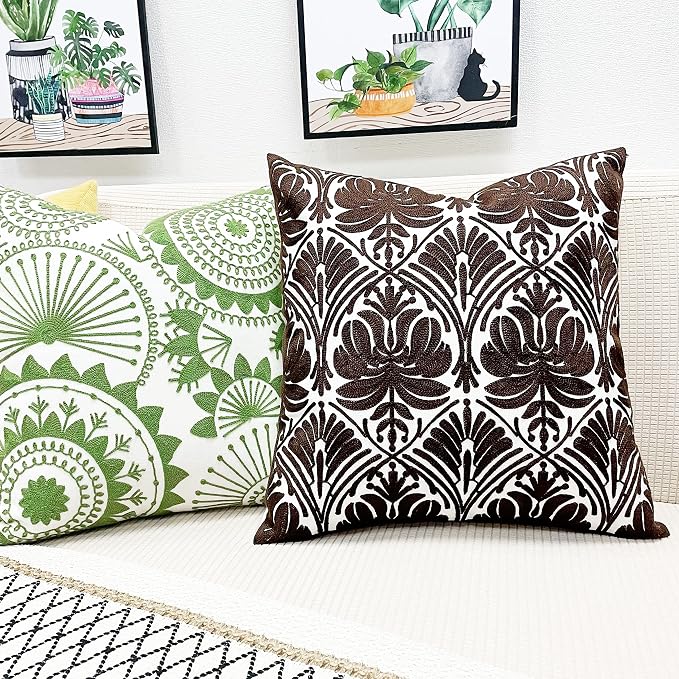 Slow Cow Embroidery Decorative Throw Pillow Cover Brown Invisible Zipper Cushion Cover 18x18 Inches