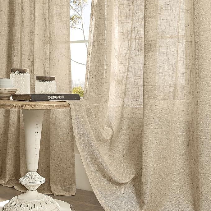 Brown Sheer Linen Curtains 63 Inches Long for Bedroom 2 Panels | Linen Textured, Light Filtering Drapes, Neutral Boho, Curtains for Farmhouse, Dining Room, Bronze Grommet, 34 x 63 Inch