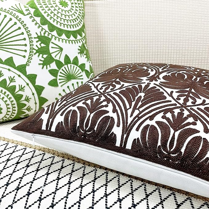 Slow Cow Embroidery Decorative Throw Pillow Cover Brown Invisible Zipper Cushion Cover 18x18 Inches