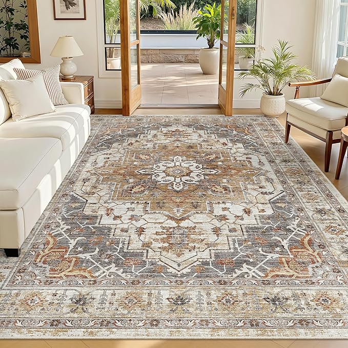 Madane 6x9 Area Rugs for Living Room, Vintage Washable Rug, Turmeric/Grey | Stain Resistant Floor Carpet With Non-Slip Backing For Bedroom, Dining Bedroom And Office, Soft Low-Pile Home Decor Mat