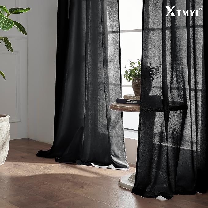XTMYI Black Curtains 96 Inches Long for Bedroom 2 Panels Linen Sheer Lace Farmhouse Boho Gothic Curtain Drapes for Living Room Home Decor