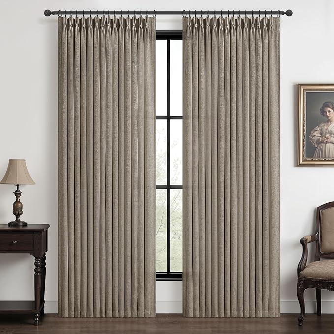 Pinch Pleated Light Filtering Dark Flax 60 Inch Wide Curtains 96 Inches Long for Living Room, Memory Trained Flax Linen Semi Sheer Curtain & Drapes Privacy Rustic Windows Burg 2 Panels Set 8 FT Length