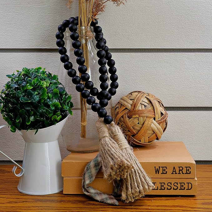 Farmhouse Wood Bead Garland Home Decor, Natural Wooden Garland Tiered Tray
