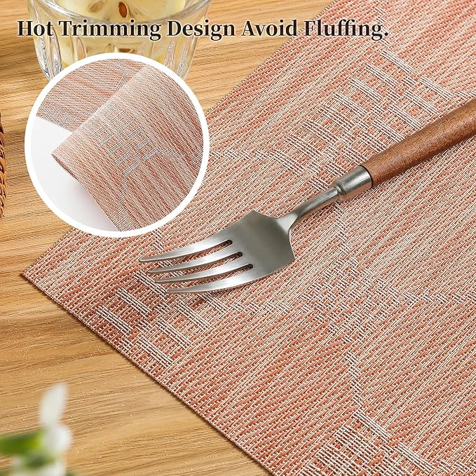 Leetaltree Coral Placemats Set of 4 - Heat Resistant Non-Slip Place mats for Dining Table, Washable Durable PVC Vinyl Woven Table Mats（Coral, 4）