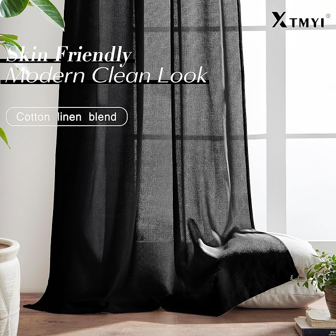XTMYI Black Curtains 96 Inches Long for Bedroom 2 Panels Linen Sheer Lace Farmhouse Boho Gothic Curtain Drapes for Living Room Home Decor