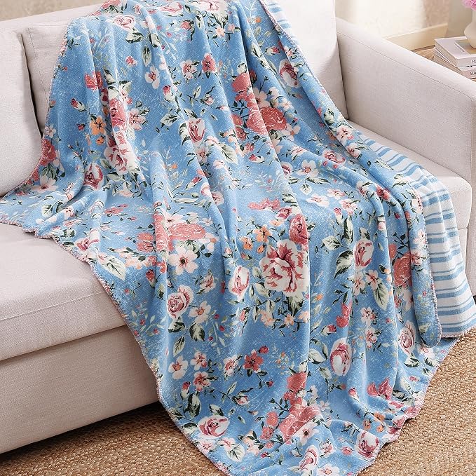 Floral Reversible Throw Blanket for Couch-Coco Flannel Soft Bed Blankets | Luxuriously Warm Fluffy Decor for Women, Mom, Her & Girls, Plush Throw for Sofa, Chair, 60x80in, Red Rose