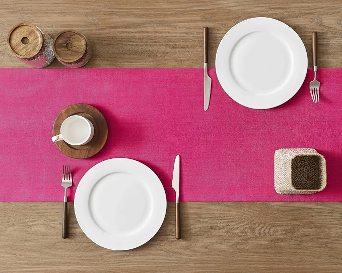 ZeeMart Linen Textured Border Table Runner, 14 x 90 Inch Hot Pink | Mitered Corner Design, Medium Weight Fabric, Modern Farmhouse Style, Machine Washable Easy Care Everyday Table Scarf