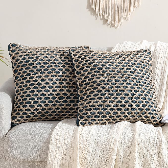 Boho Living Jada Decorative Throw, Includes Accent, Premium Woven Design, Living Room Décor, (2) 20" x 20" Pillow Cover with Insert, Indigo