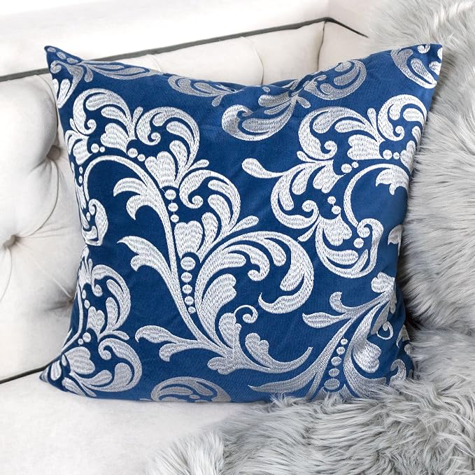 Embroidery Blue Velvet Throw Pillow Cover, Merry Christmas Series Silver Floral Luxury Soft Fuzzy Cozy Warm Slik Gift Square Couch Cushion Pillow Case 20 x 20 Inch, Cover Only