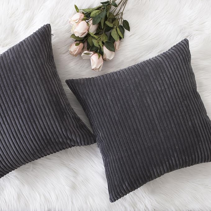 Home Brilliant 2 Pack Super Soft Striped Corduroy 26x26 Pillow Covers Decorative Euro Throw Pillow Sham Cushion Covers for Couch, 26 x 26 inch, Dark Grey