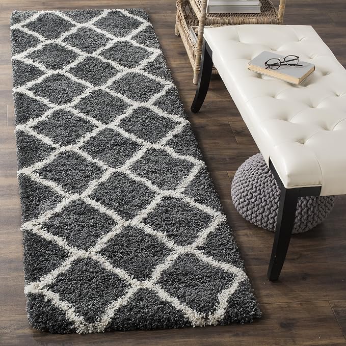 SAFAVIEH Hudson Shag Collection Runner Rug - 2'3" x 10', Dark Grey & Ivory, Moroccan Trellis, Non-Shedding & Easy Care, 2-inch Thick Ideal for High Traffic Areas in Living Room, Bedroom (SGH283G)