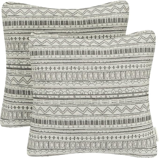 Mika Home Pack of 2 Throw Pillow Covers,Striped,18x18 Inches, Gray Cream | Decorative Square, Cushion Cases for Sofa Couch, Bohemian Striped Geometric Pattern