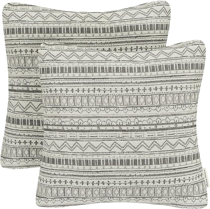 Mika Home Pack of 2 Throw Pillow Cases,Striped, 22x22 Inches, Gray Cream | Decorative Pillow Covers, Home Decoration, Bohemian Striped Geometric Pattern
