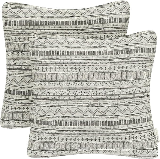 Mika Home Pack of 2 Throw Pillow Cases,Striped, 22x22 Inches, Gray Cream | Decorative Pillow Covers, Home Decoration, Bohemian Striped Geometric Pattern