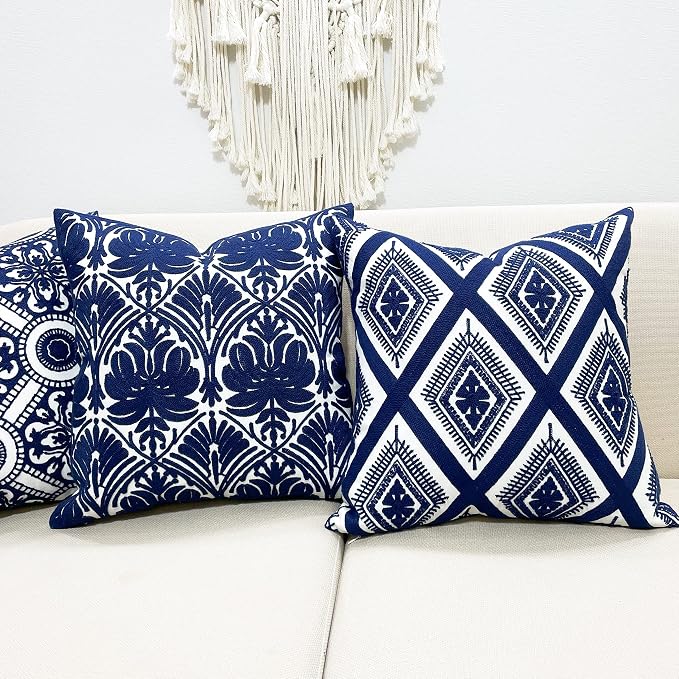 Slow Cow Embroidered Blue Throw Pillow Cover Geometric Decorative Cushion Covers for Sofa 18 x18 Inches
