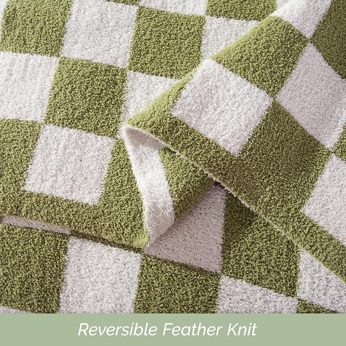 Elegant Comfort Premium Checkered Reversible Throw Blanket - Ultra Soft and Lightweight, Luxury Knitted Breathable Fleece for Couch, Bed, Sofa - Warm Velvet Fluffy Throw, 50 x 70 Inch, Sage