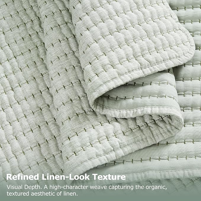 WDCOZY Sage Green Pick Stitch Twin Size Quilt Set, Striped Lightweight Soft Summer Spring Bedspread, Bamboo Linen Like Textured Coverlet, Chambray Farmhouse Country Rustic Thin Bedding Comforter