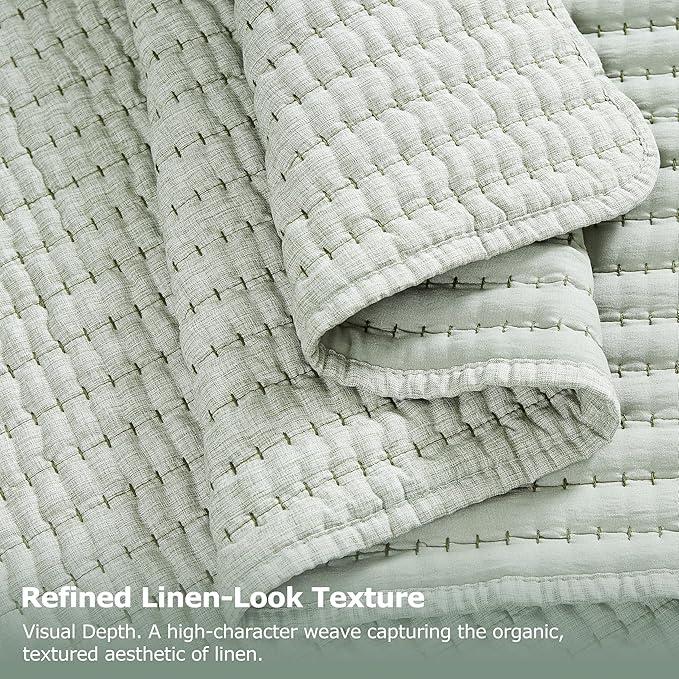 Sage Green Pick Stitch Oversized King Size Quilt Set, California King Striped Lightweight Soft Summer Spring Bedspread, Bamboo Linen Like Textured Coverlet, Chambray Farmhouse Country Rustic Bedding
