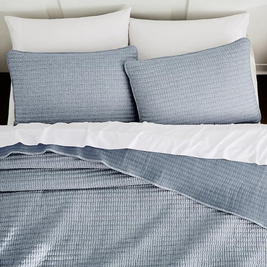 WDCOZY Chambray Pick Stitch King Size Quilt Set, Denim Blue Striped Lightweight Soft Summer Spring Bedspread, Bamboo Linen Like Textured Coverlet, Farmhouse Country Rustic Bedding, Thin Comforter
