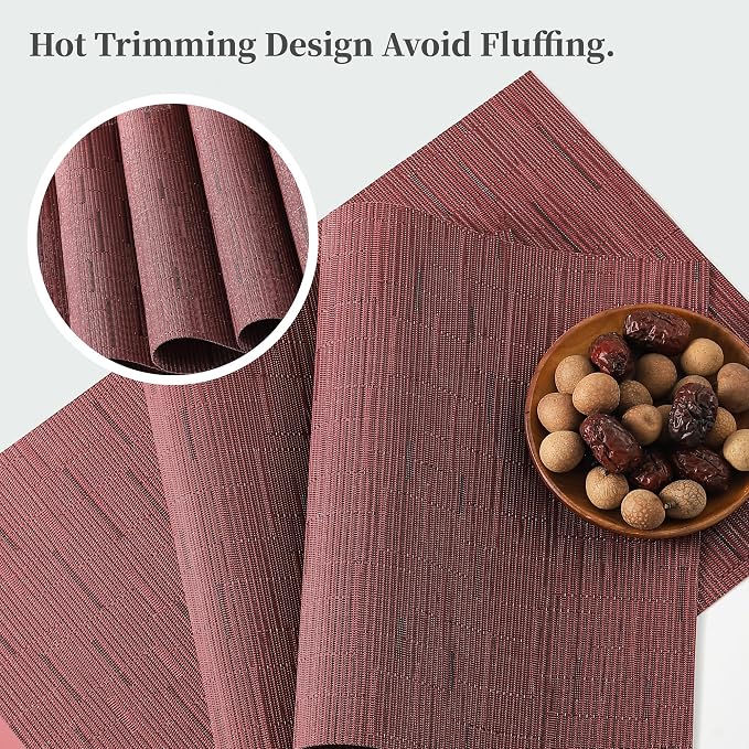 Leetaltree Burgundy Placemats Set of 12 - Heat Resistant Non-Slip Place mats for Dining Table, Washable Durable PVC Vinyl Woven Table Mats（Burgundy, 12）