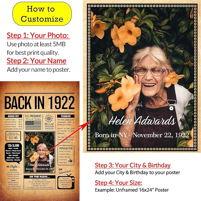 Back in 1922 Poster Sign, Personalized Birthday Gifts Idea, Custom Birthday Newspaper, Born in 1922 BDay Party Decorations, Historical Fun Fact for the Year You Were Born, Home Decor Wall Art Print