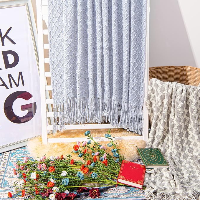 NTBAY Acrylic Knit Throw Blanket, 51 x 67, Light Grey Checkered | Lightweight Acrylic Wave-Knit Throw with 7 Inch Tassels for Sofa, Bed, Reading, Travel, and Decorative Layering