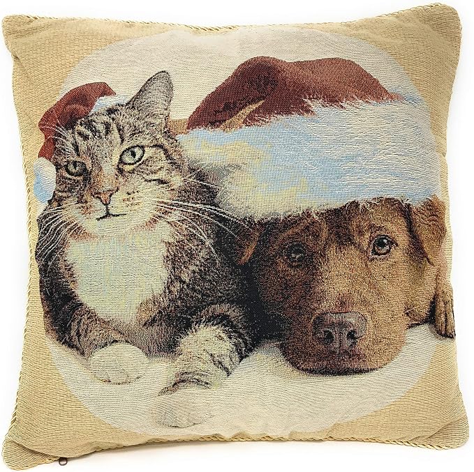 Tache Christmas Throw Pillow Cover - 1 Piece Vintage Tabby Cat Labrador Retriever Dog in Santa Hat Christmas Companions Holiday Festive Decorative Square Couch Tapestry Cushion Covers