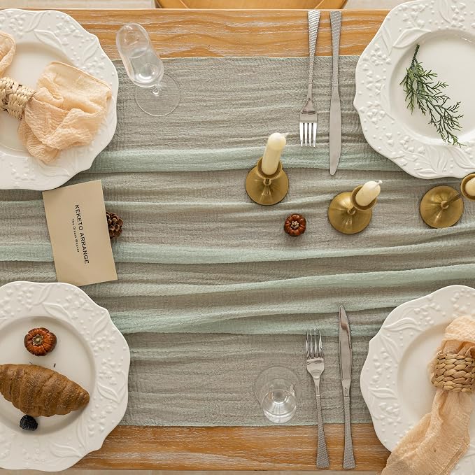 3Pcs Sage Green Cheesecloth Table Runner 120 Inches for Party Home Decor | For Wedding Baby Shower Bridal Shower Birthday Engagement Party 10FT Rustic Boho Home Decorations