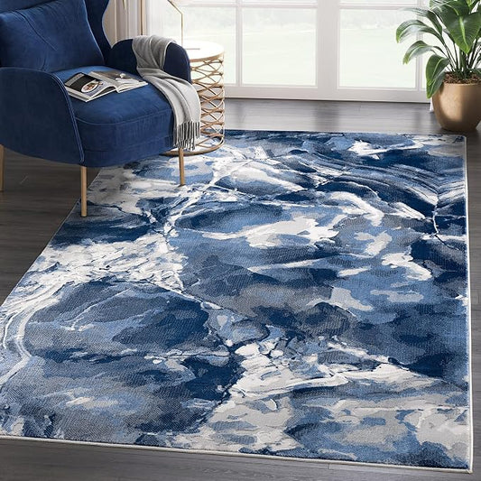 Abani Rugs Contemporary Blue & Grey Marble Ice Design Washable 4’ x 6’ Area Rug - Modern Swirl Watercolor Bedroom Rug