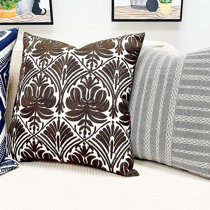 Slow Cow Embroidery Decorative Throw Pillow Cover Brown Invisible Zipper Cushion Cover 18x18 Inches
