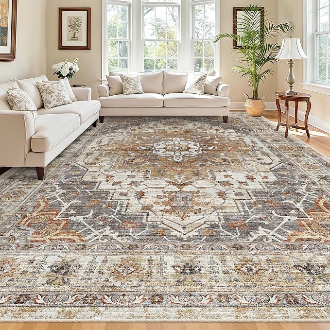 Madane 8x10 Area Rugs for Living Room, Non-Slip Washable Rug, Turmeric/Grey | Ultra-Thin Stain Resistant Vintage Large 8'X10' Carpet, Soft Low Pile Floor Mat For Bedroom Dining Room Office Home Decor