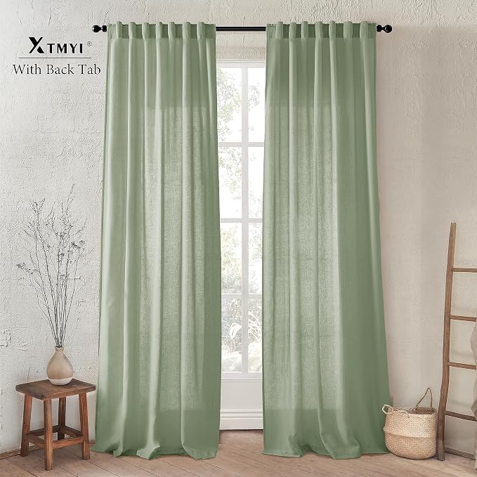 XTMYI Sage Green 90 Inches Long,50 Inches Wide Country Curtains for Living Room,Sheer Linen Curtains for Bedroom