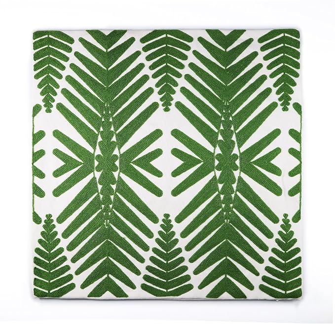 Tropical Leaf Embroidery Throw Pillow Covers 18x18 Inches Decorative Floor Pillow Cover for Couch Green Leaf 100% Cotton Cushion Cover Symmetric Palm Leaves Embroidered 45x45cm, 1 Piece