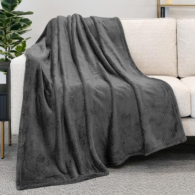 PAVILIA Dark Gray Fleece Throw Blanket for Couch Sofa Bed, Soft Fuzzy Waffle Jacquard Microfiber, Warm Lightweight Fade-Resistant Decorative All Season Throw, 60x80 Twin