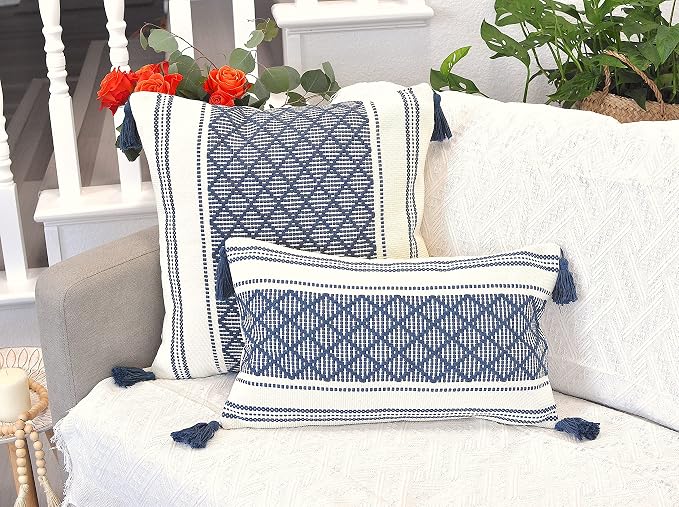 Decorative Boho Lumbar Pillow Covers with Tassels Navy Blue Off White, 12x20 inch -Set of 2 / Small Rectangle Cushion Covers for Couch Sofa/ Farmhouse Woven Pillow Cases/ Accent Chair Pillow Covers