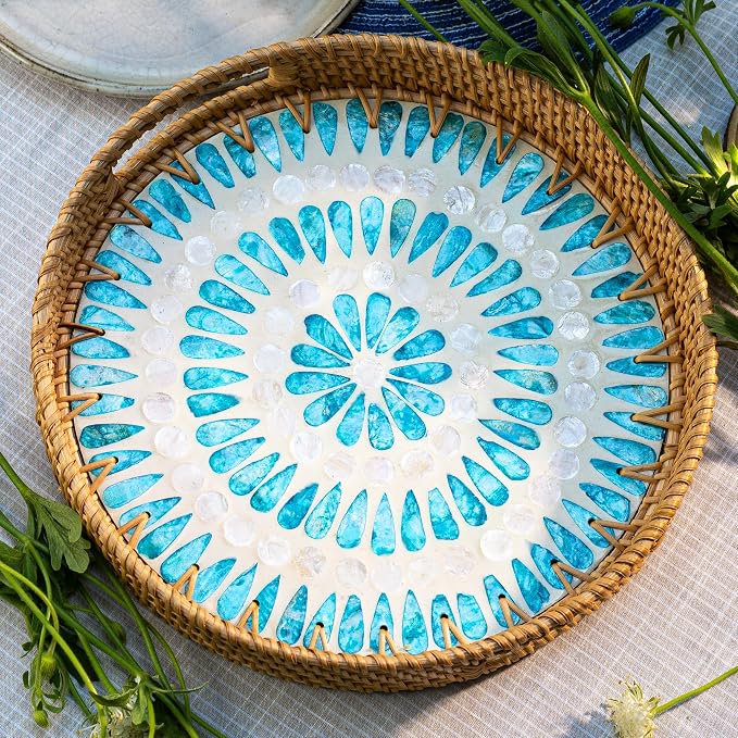 JUNGLE CULTURE Round Rattan Tray with Mother of Pearl Inlay • Ripple 12”